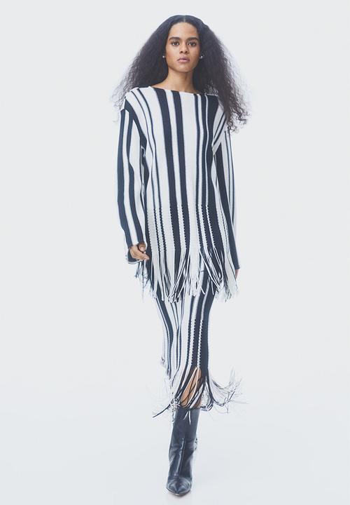 H&M - Oversized fringe-hem top - white/striped 