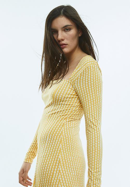 H&M - Square-neck jersey dress - yellow/patterned