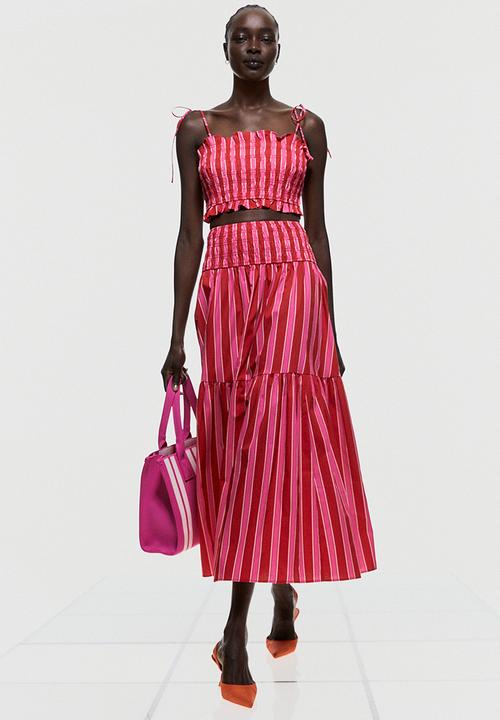 H&M - Smocked crop top - cerise / striped 