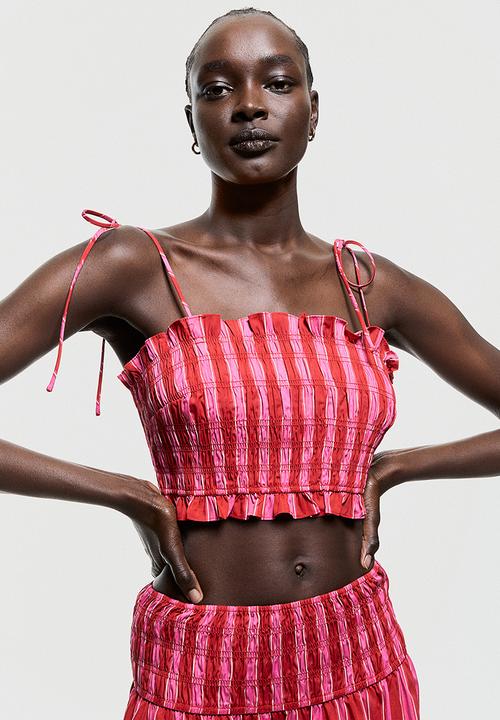 H&M - Smocked crop top - cerise / striped 