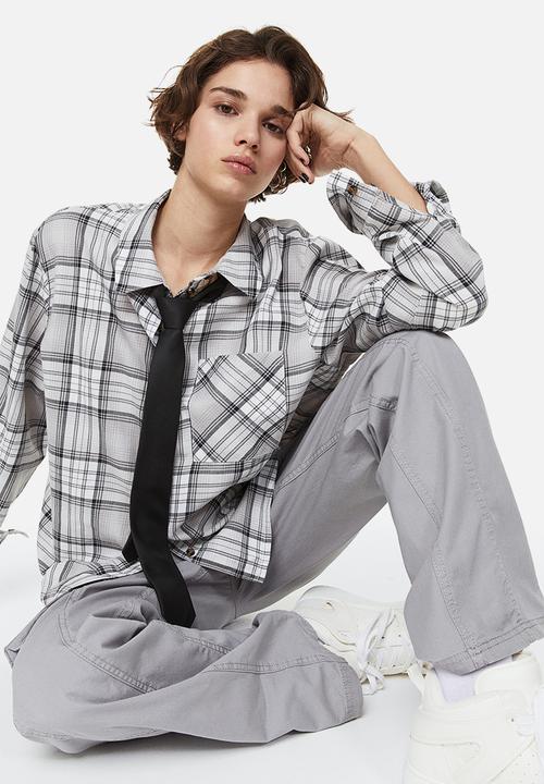 H&M - Cotton twill overshirt - light grey/checked 