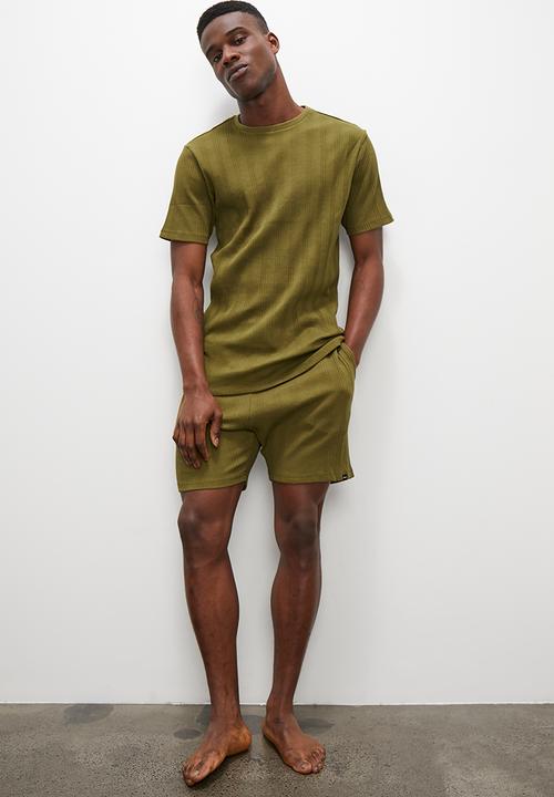 Superbalist - Knitted regular rib short & tee sleep set - olive