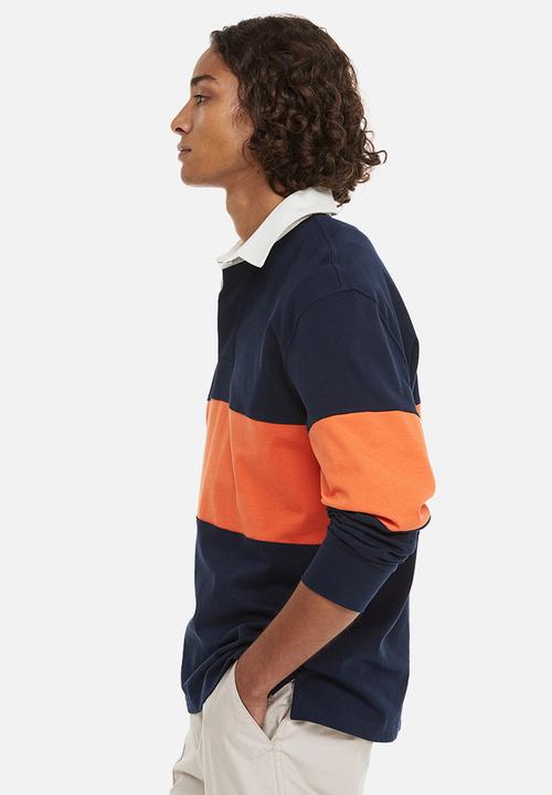 H&M - Relaxed fit rugby shirt - dark blue/block-striped 