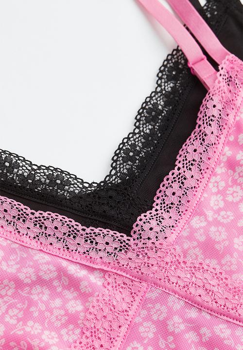 H&M - Lace-trimmed mesh dress - pink/small flowers