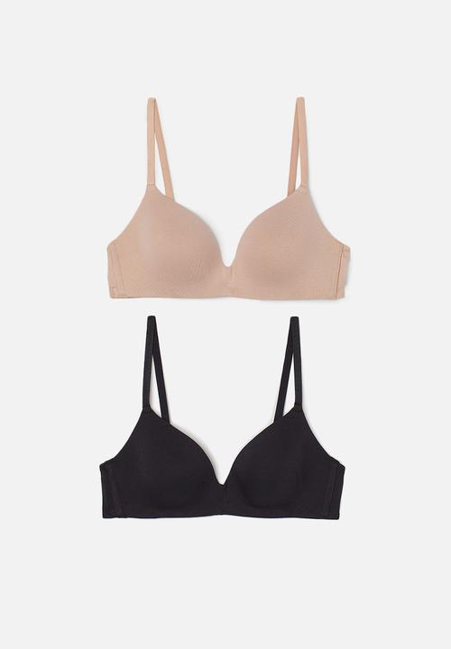 H&M - 2-pack padded cotton bras - black/light beige 