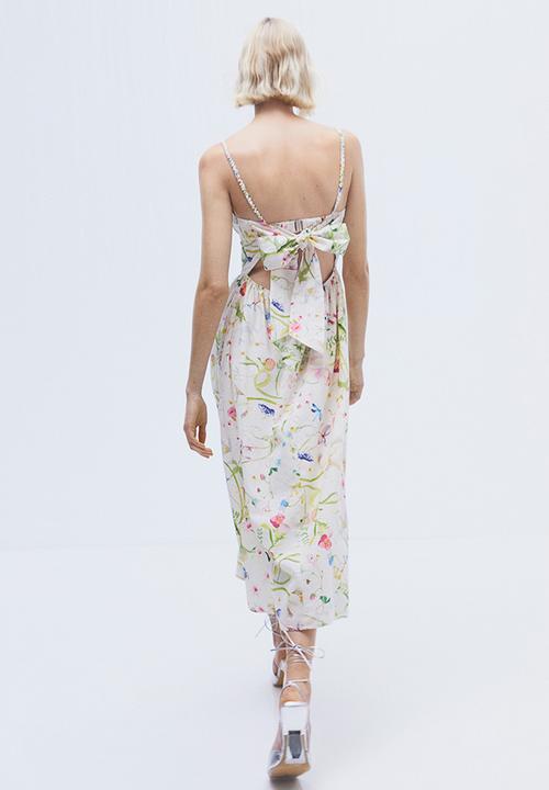 H&M - Linen-blend bow-detail dress - cream/patterned