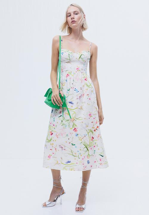 H&M - Linen-blend bow-detail dress - cream/patterned