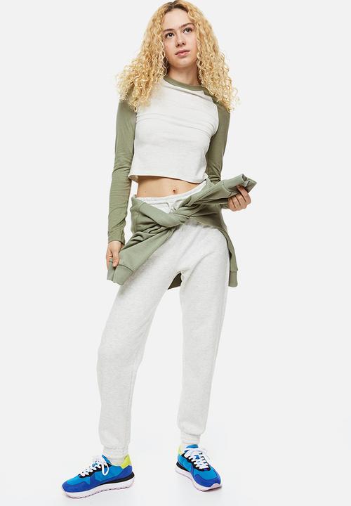 H&M - Raglan-sleeved jersey top - light khaki green/grey marl