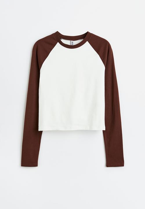 H&M - Raglan-sleeved jersey top - dark brown/white
