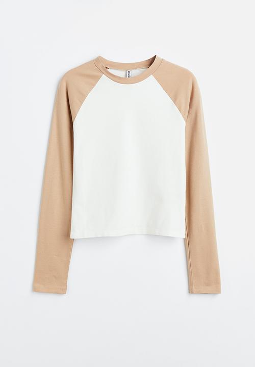H&M - Raglan-sleeved jersey top - beige/white