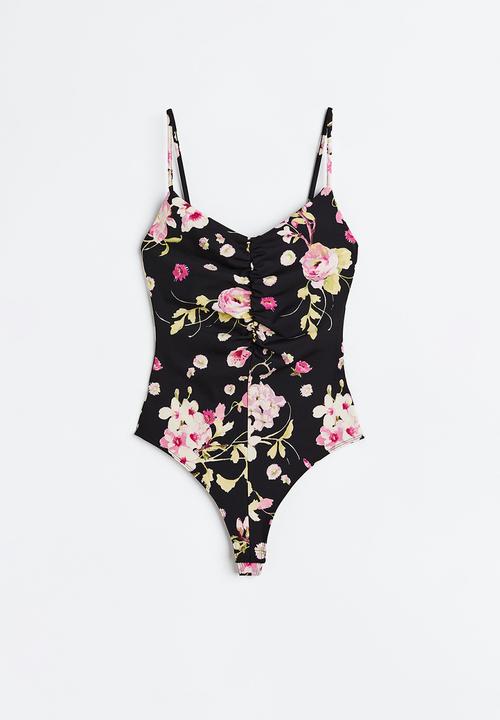 H&M - Gathered thong body - black/floral