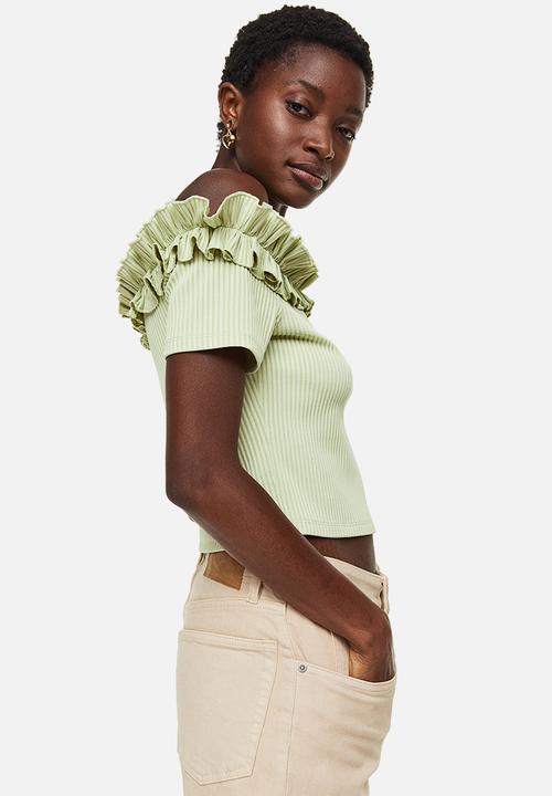 H&M - Frill-trimmed off-the-shoulder top - light green
