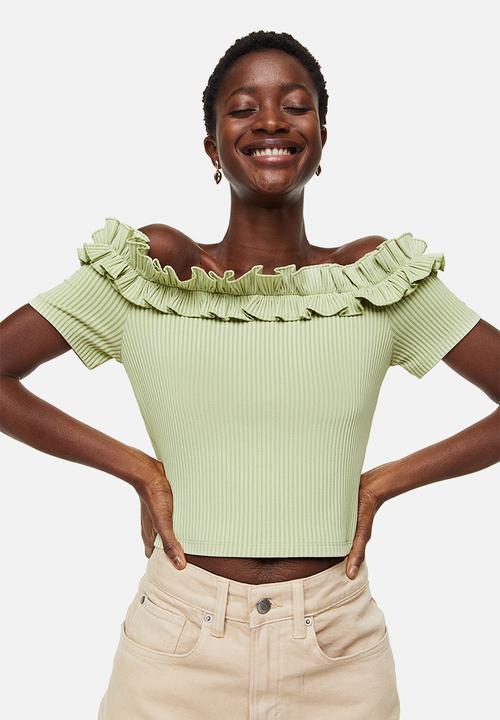 H&M - Frill-trimmed off-the-shoulder top - light green