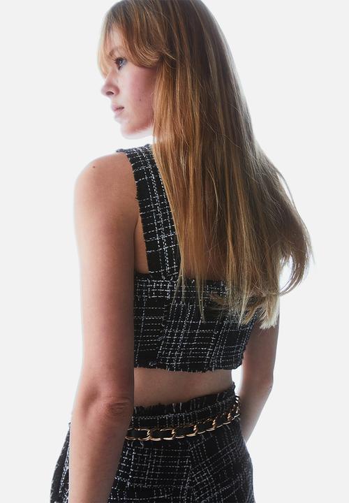 H&M - Fringe-trimmed crop top - black/checked