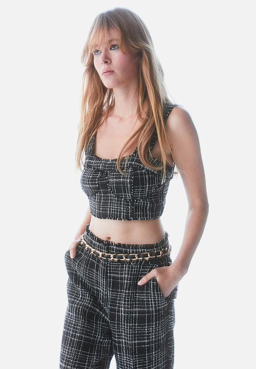H&M - Fringe-trimmed crop top - black/checked