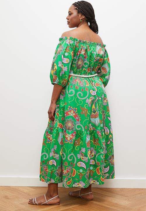 edit - Off shoulder maxi with contrast tie -green detailed folk print