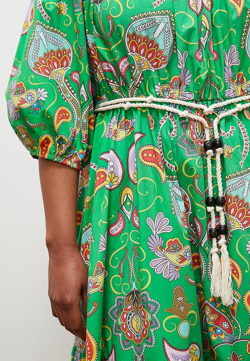edit - Off shoulder maxi with contrast tie -green detailed folk print