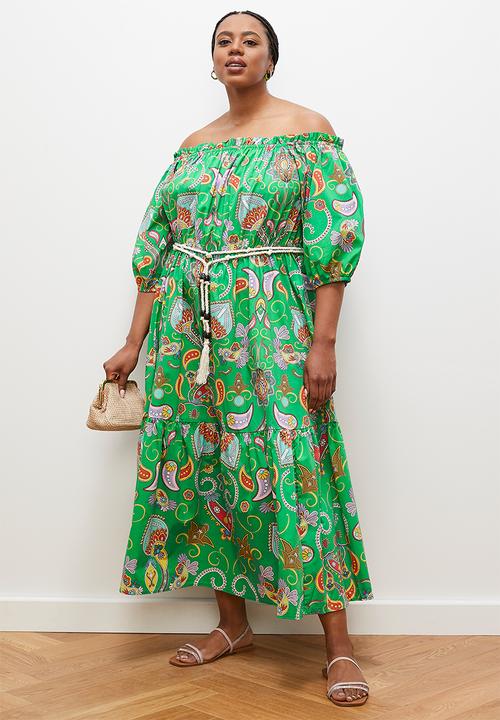 edit - Off shoulder maxi with contrast tie -green detailed folk print