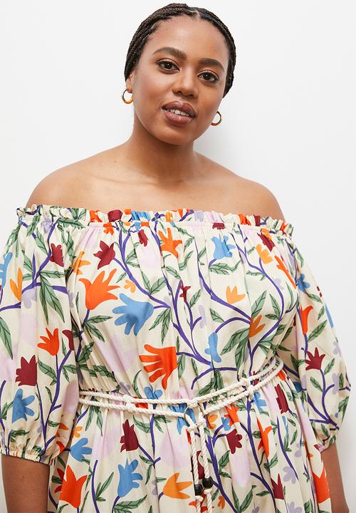 edit - Off shoulder maxi with contrast tie - ecru spring