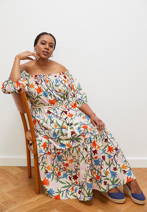 edit - Off shoulder maxi with contrast tie - ecru spring