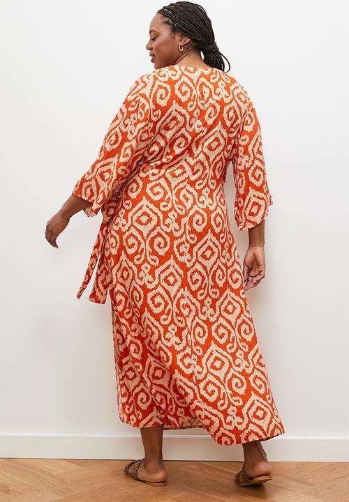 edit - Printed midi wrap dress - orange ikat
