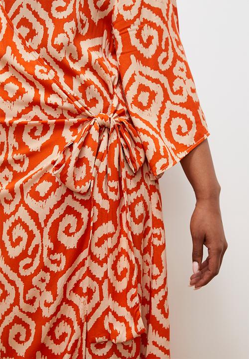 edit - Printed midi wrap dress - orange ikat