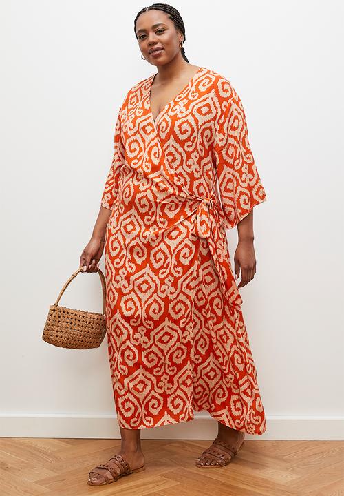 edit - Printed midi wrap dress - orange ikat