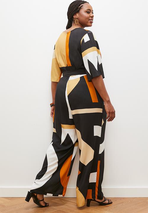 edit - Boxy shell belt jumpsuit - black & neutral geo