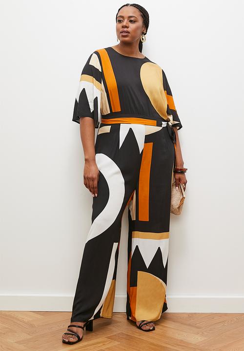 edit - Boxy shell belt jumpsuit - black & neutral geo