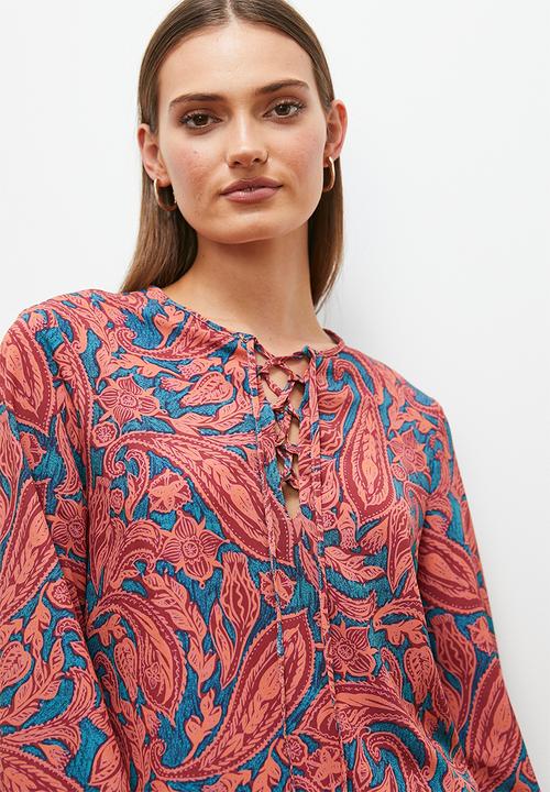 edit - front lace up blouse - orange paisley