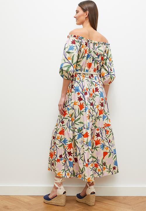 edit - Off shoulder maxi with contrast tie - ecru spring