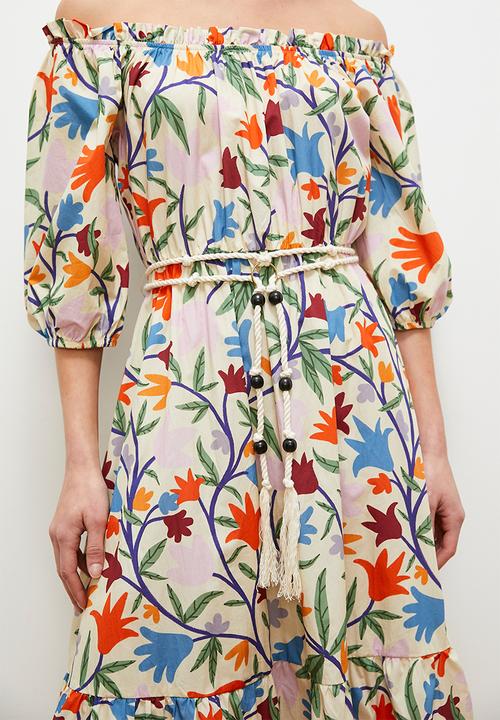 edit - Off shoulder maxi with contrast tie - ecru spring