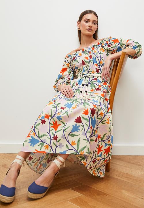 edit - Off shoulder maxi with contrast tie - ecru spring