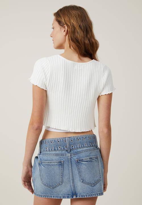 Cotton On - Rib tie front short sleeve cardigan - white