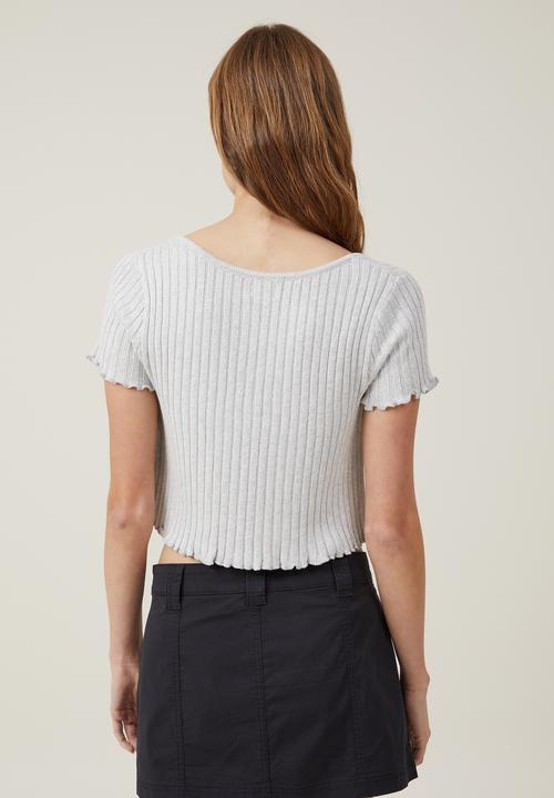 Cotton On - Rib tie front short sleeve cardigan - soft grey marle