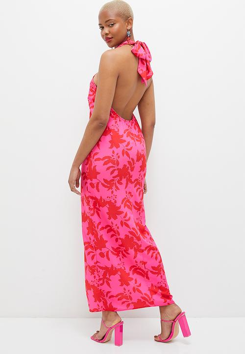 MILLA - Halter neck column maxi dress - red & pink