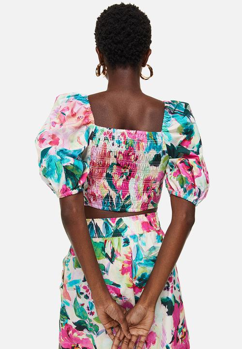 H&M - Puff-sleeved cotton blouse - cerise/floral
