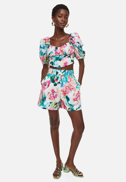 H&M - Puff-sleeved cotton blouse - cerise/floral