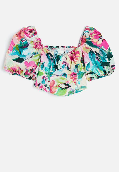 H&M - Puff-sleeved cotton blouse - cerise/floral