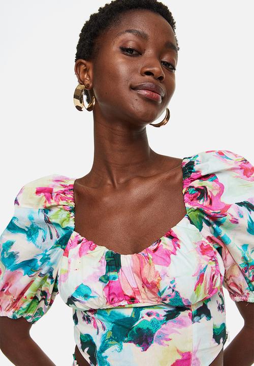 H&M - Puff-sleeved cotton blouse - cerise/floral