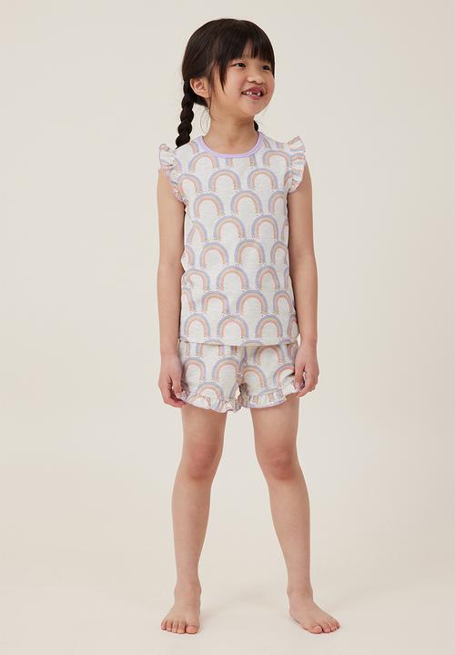 Cotton On - Stacey short sleeve flutter pyjama set - oatmeal marle/rainbows