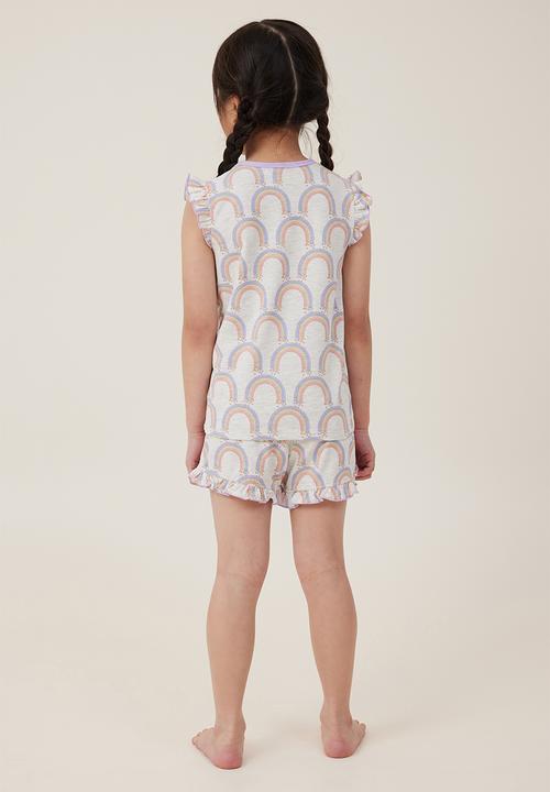 Cotton On - Stacey short sleeve flutter pyjama set - oatmeal marle/rainbows
