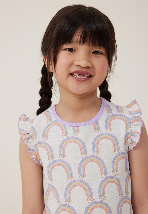Cotton On - Stacey short sleeve flutter pyjama set - oatmeal marle/rainbows