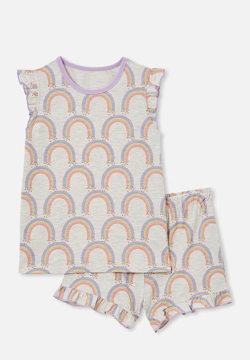 Cotton On - Stacey short sleeve flutter pyjama set - oatmeal marle/rainbows