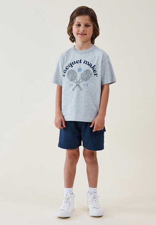 Cotton On - Jonny short sleeve print tee - fog grey marle/racquet maker