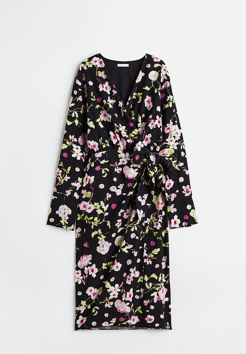 H&M - Tie-detail wrap dress - black/floral 