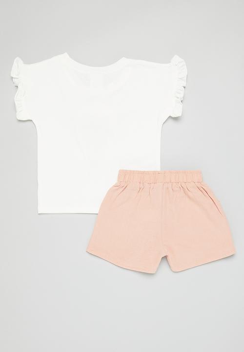 Pop Candy - Girls frill tee and short set - dusty pink and white