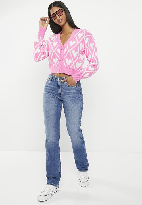 Trendyol - Crop jacquard knitwear cardigan - pink & beige 