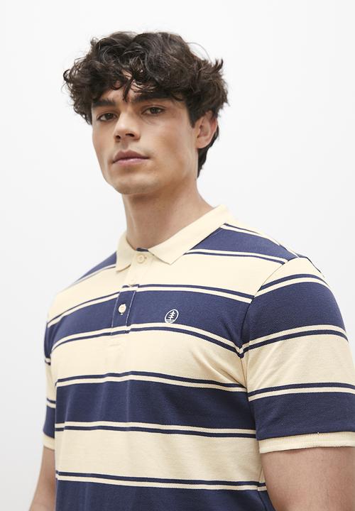 Lark & Crosse - Londi regular fit striped golfer - navy & ecru
