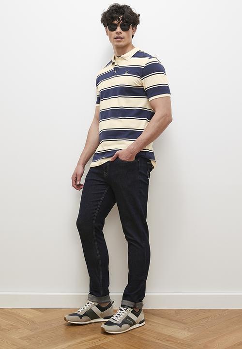 Lark & Crosse - Londi regular fit striped golfer - navy & ecru
